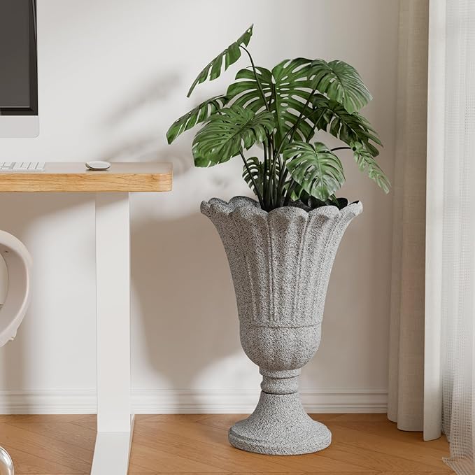 Tall Plastic Urn Planters for Outdoor Plants Set of 2-23.6" H Classic Petal Design Indoor Large Flower Pots with Drainage Holes, Outdoor Planters for Porch Decor/Garden Vase, Grey