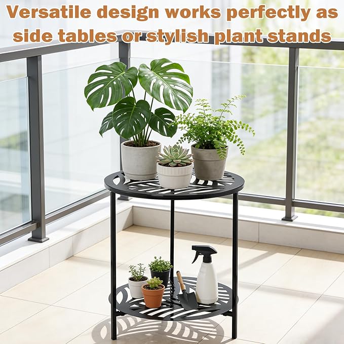17.7" Two-tiered Metal Round Side Tables Extra-large Black Outside End Table for Patio Round Accent Garden Corner Stand for Small Spaces Weather-resistant Coffee Table for Balcony Porch Plant Stand
