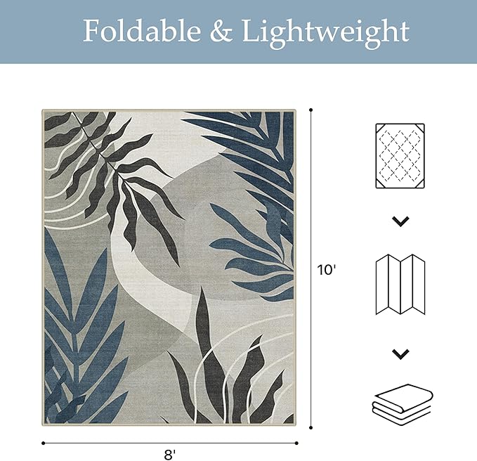 GENIMO Outdoor & Indoor Area Rug 8'x10', Waterproof, Non-Shedding, Easy Cleaning, Leaf Mat for Patio, Living Room, Balcony, Dining Room, RV, Deck, Bedroom, Camping, Outside Carpet, Blue Grey