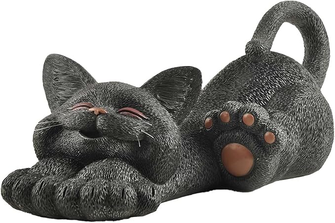 JFSM INC. 12" Whimsical Lounging Black Cat Garden Statue - Indoor Outdoor Relaxed Zen Cat Sculpture - Cat Lover Gifts, Decorations for Patio Yard Lawn Porch
