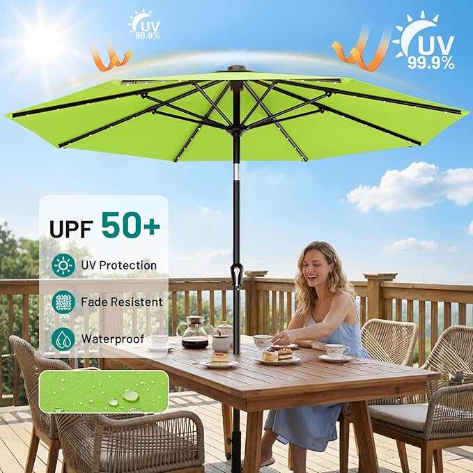 AreShark 9FT Patio Umbrella with Solar Lights, 32 LED Lighted Pool Umbrella w/Tilt and Crank, Outdoor Market Solar Umbrellas for Garden, Deck, Backyard, Pool and Beach, Apple Green