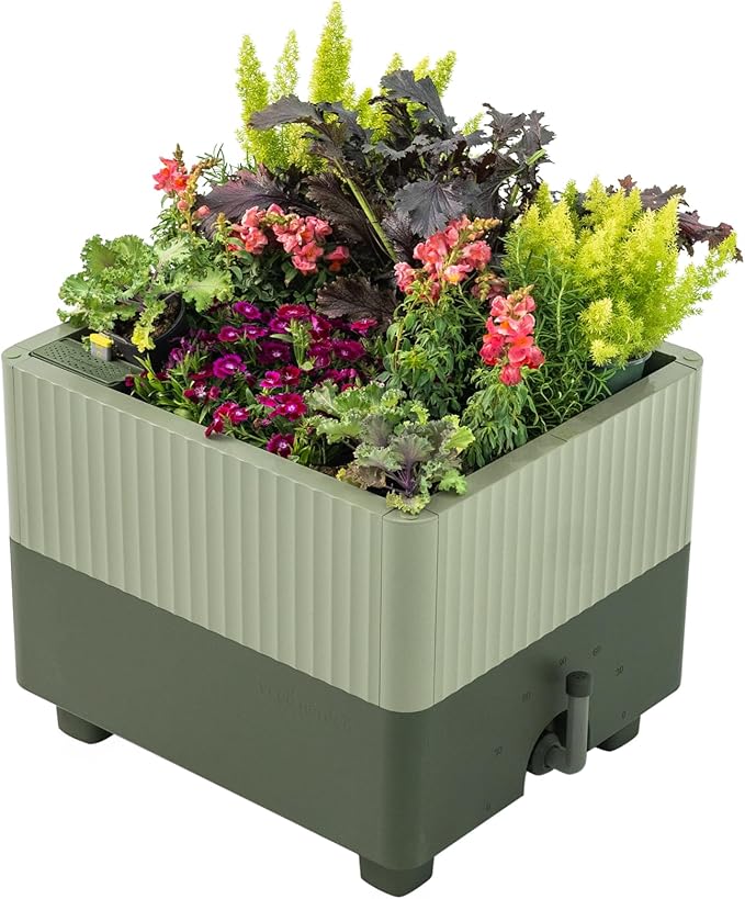 Vego garden EZCube Self Watering Planter Box Outdoor, Raised Garden Bed with Water Gauge for Balcony, Rooftop, Patio, Backyard 21" x 24" Sage Green