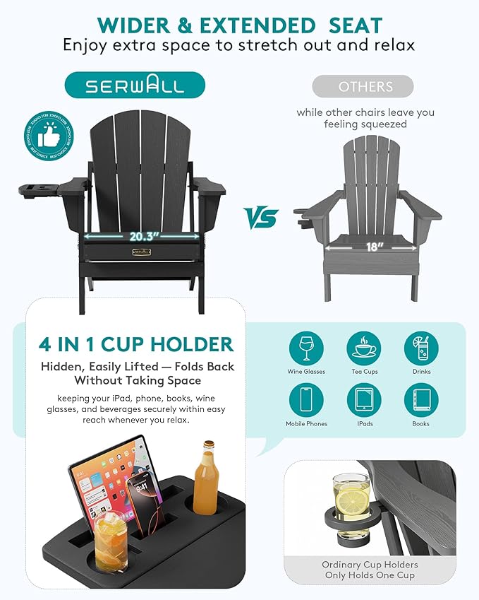 SERWALL Folding Adirondack Chair, Patio Adirondack Chairs with 4 in 1 Cup Holder Trays, All Weather Fire Pit Chair for Outdoor, Garden - Black