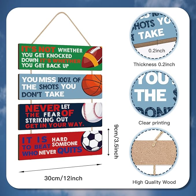HLNIUC Sport Themed Wall Decor,Football Wood Sign(3.5"x12"),Inspirational Never Give Up Wooden Sign,Basketball Wood Hanging Wall Art For Boys Kids Room Playroom Nursery Decor(Modern style)