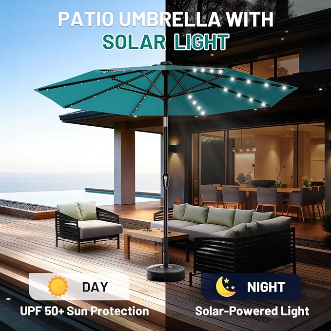AreShark 9FT Patio Umbrella with Solar Lights, 32 LED Lighted Pool Umbrella w/Tilt and Crank, Outdoor Market Solar Umbrellas for Garden, Deck, Backyard, Pool and Beach, Lake Blue