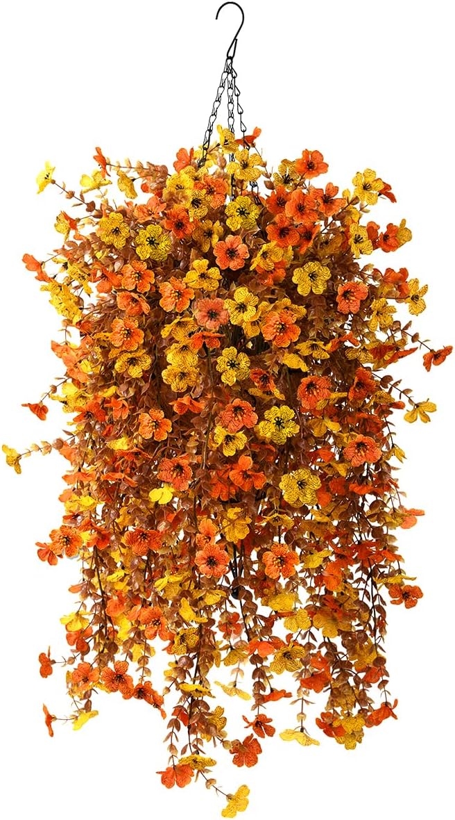 Fall Artificial Fake Mums Hanging Flowers Plants Basket for Outdoor Autumn Decoration, Fake Silk Orange Planters UV Resistant Look Real for Home Patio Balcony Yard Porch Decor(Yellow Orange)