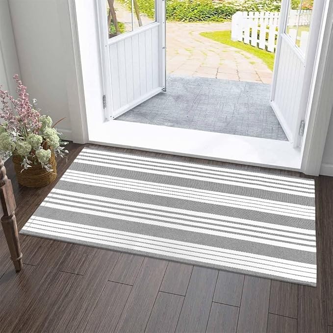 OJIA Front Door Rug 24''x51'' Gray and White Striped Outdoor Rug Machine Washable Porch Rug Front Door Mat Outdoor Indoor Area Rugs Cotton Woven Entry Mat for Home Entrance/Farmhouse Decor