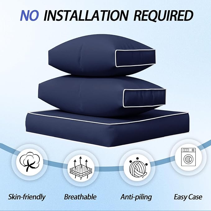 Outdoor Cushions for Patio Furniture,14Pieces Water-Resistant Replacement Cushions Fits 6-seat Sectional Rattan Conversation Set Outdoor Patio Sofa Cushion,Liner&Cover(Navy Blue+White Edges)