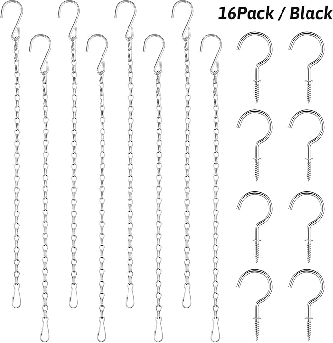 Hotop 8 Pcs Metal Hanging Chains with Ceiling Hooks, Garden Plant Hangers for Hanging Bird Feeders, Billboards, Chalkboards, Basket, Planters, Lanterns, Wind Chimes, Chain Hook DIY(16.38 Inch,Silver)