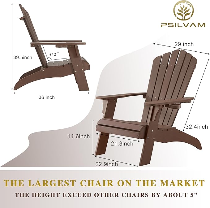Psilvam Adirondack Chair, Oversized Poly Lumber Fire Pit Chair with Cup Holder, 350Lbs Support Patio Chairs for Garden, Weather Resistant Outdoors Seating, Relaxing Gift for Father & Mother (Brown)