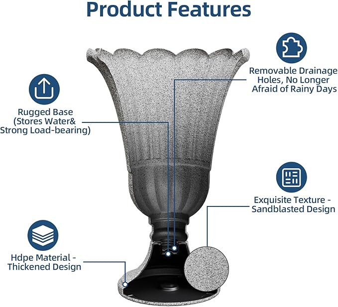 Tall Plastic Urn Planters for Outdoor Plants Set of 2-23.6" H Classic Petal Design Indoor Large Flower Pots with Drainage Holes, Outdoor Planters for Porch Decor/Garden Vase, Grey