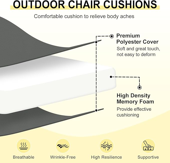 downluxe Outdoor Chair Cushions Set of 2 for Patio Furniture, Water-Resistant Patio Chair Cushions with Ties, High Density Foam Outdoor Seat Cushion, 17" X 16" X 2", Dark Grey