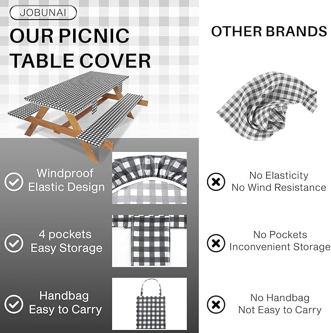 3 Piece Fitted Elastic Picnic Table Cover with Bench Covers 96x30 Inch Weather Proof Outdoor Table Cloth Summer Motorhome Patio Vacation Things White Elephant Gifts for Her Who Have Everything
