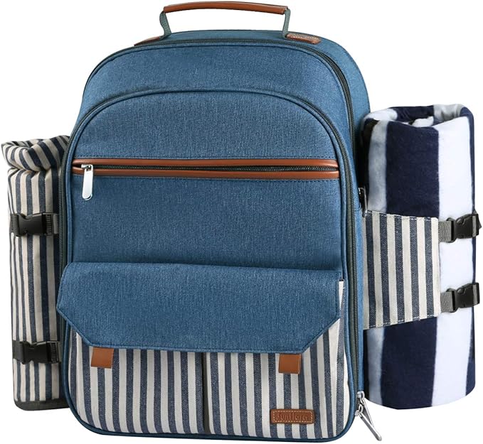 Sunflora Picnic Backpack for 4 Person Set Pack with Insulated Waterproof Pouch for Family Outdoor Camping(Blue & Stripe)