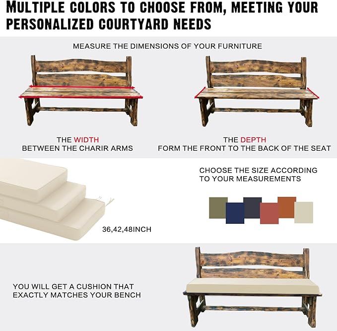 Outdoor Bench Cushion 4 inches Memory Foam Waterproof Patio Furniture Bench Cushion Porch Swing Cushion with Handle and Adjustable Strap, 42 x 18 Inch Cream