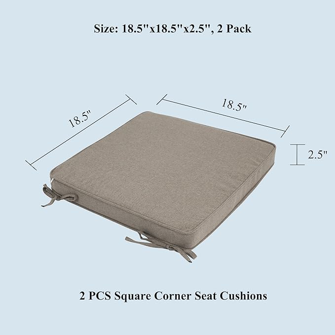 FUNHOME Indoor/Outdoor Chair Cushions Set of 2, 18 x 18 x 2.5 Inch Square Corner Outdoor Cushions for Patio Furniture,2 Packs Patio Chair Cushions with Ties-Beige Coffee