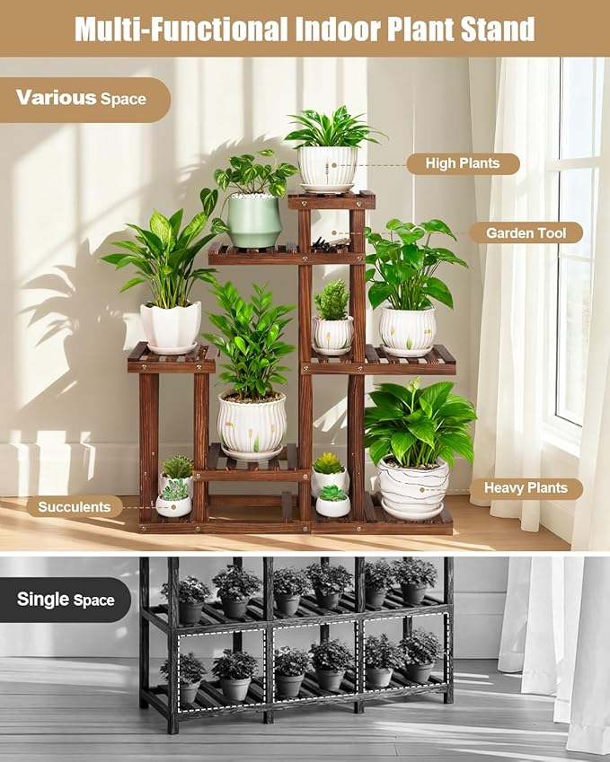 Wood Indoor Plant Stand for Multiple Plants , Narrow Plant Shelf Floor Flower Stand Holder Rack in Living Room,Balcony,Patio,Garden,Office,Outdoor, 6 Tiered, Space Saver