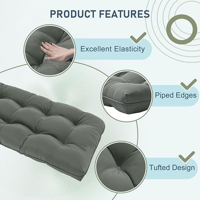 downluxe Outdoor Bench Cushion for Patio Furniture, Waterproof Tufted Overstuffed Porch Swing Cushions, Thick Outdoor Loveseat Cushions, 48" X 18" X 5", Dark Grey, Set of 1