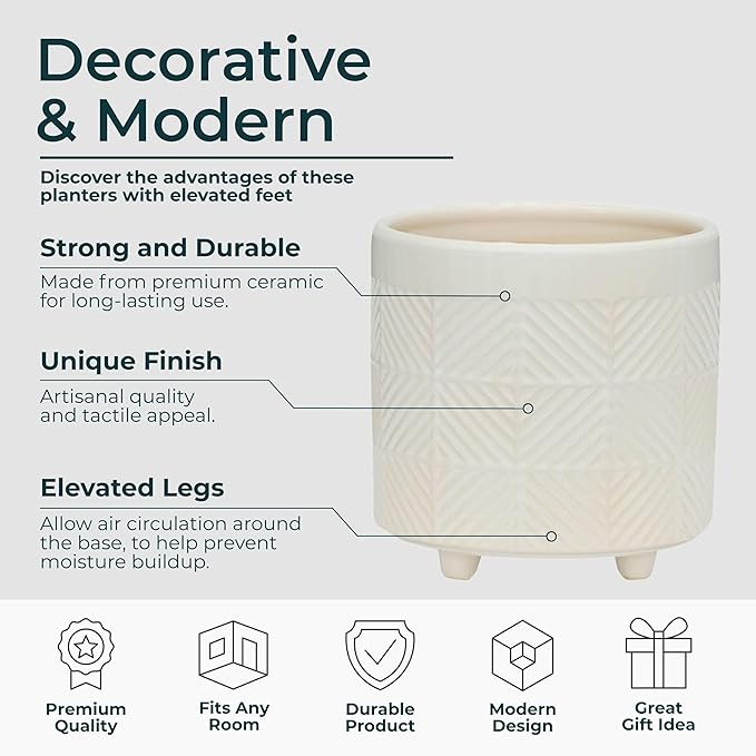 Set of 2 Ceramic Planter Pots – Indoor Planters for Plants, Patio Or Garden Outdoor Decor, Sculpted Petal Design – Home Decor, Ceramic Planters, Outdoor Planter – 8" & 7", White