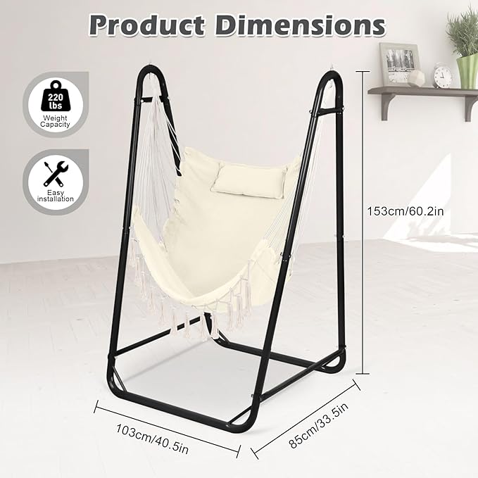 Hammock Chair with U Shape Stand, Cotton Swing Chair with Side Pocket, Heavy-Duty Metal Frame with Hanging Seat, Multi-Functional Swing Stand for Indoor and Outdoor Patio Yard Garden (Blackwhite)