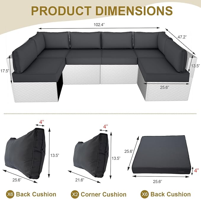 Outdoor Replacement Cushions for Patio Furniture,14-Piece Patio Water-Resistant Replacement Sofa Cushions,Fits 6-seat Sectional Rattan Conversation Set,Liner&Cover (Dark Gray)