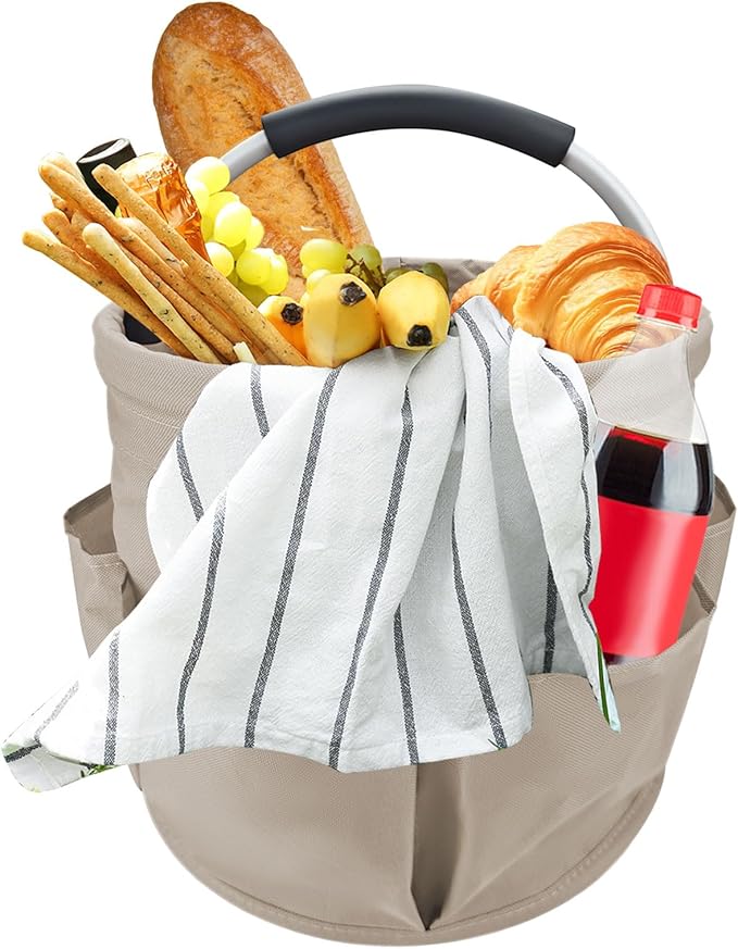 Khaki 17 L Picnic Garden Tool Bag with 6 Pockets, Foldable Bucket Organizer for Storage Camping Home Cleaning Products, Portable Garden Caddy Tote with Handle Harvest Basket (Khaki)