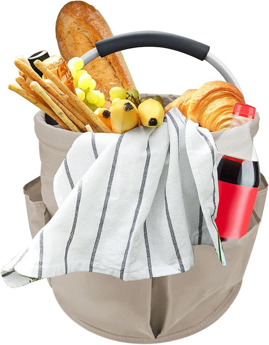 Khaki 17 L Picnic Garden Tool Bag with 6 Pockets, Foldable Bucket Organizer for Storage Camping Home Cleaning Products, Portable Garden Caddy Tote with Handle Harvest Basket (Khaki)