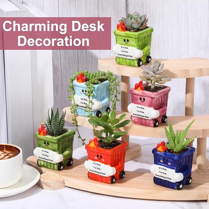 6 Pack 2.5 Inch Dumpster Fire Ceramic Succulent Planter Pots with Drainage Hole, Mini Cute Flower Pots Container for Home Office Garden Decoration Emotional Support Buddies Christmas Housewarming Gift