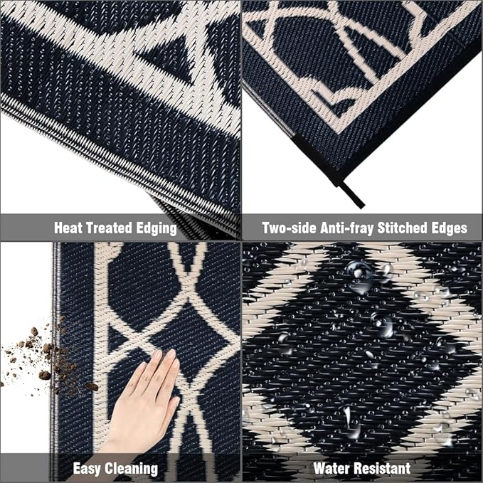 Pendolr Reversible Mats - Outdoor Rugs 9'x12' for Patios Clearance, Plastic Straw Rugs Waterproof, Portable, Outdoor RV Camping Rug, Garden, Balcony, Picnic, Beach, Camping(Black & Beige)