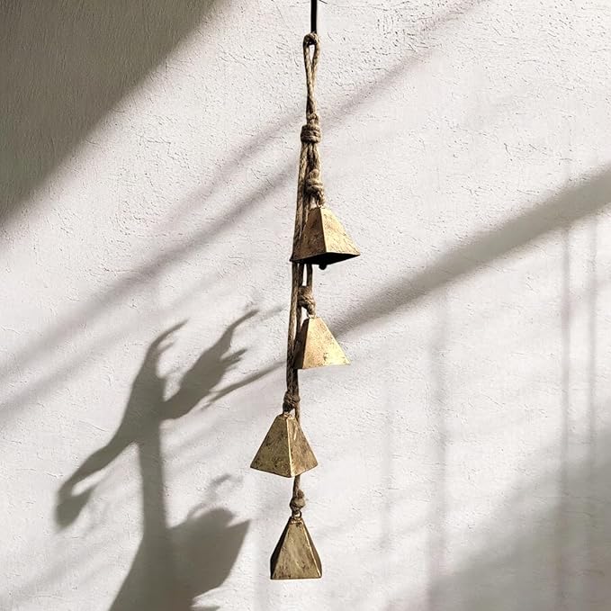 Rustic Iron 4 Vintage Shabby Chic Metal Barn Bells Windchime with Rope Relaxing Tranquil Wind Chimes, Country Style, Bohemian Theme Decor 45 cm (29" Inch, 1, 4 Windchime Bells)
