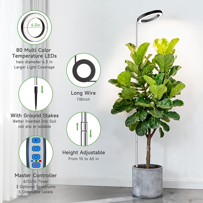 6.3in Grow Light, 80LED Growing Light Full Spectrum for Indoor Plants, Auto Timer 6/12/16H, 3 Optional Spectrums, Height Adjustable 10"-65", Idea for Large Plant, 5V, Black, 3 Pack