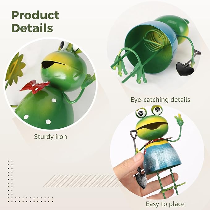 2 Pcs 3D Metal Frog Statue, Outdoor Frog Figurine, Cute Garden Sculptures Holding Flower/Shovel, 3.9 x 7.5 in Sturdy Iron Yard Art Garden Decor for Lawn Patio Decor, Gift for Gardener