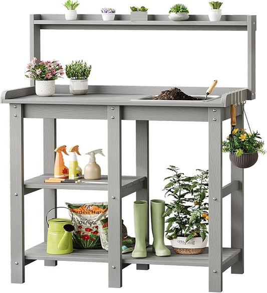 ONBRILL Potting Bench, Outdoor Potting Bench Table with Removable Sink, HDPS Potting Benches for Outside, Garden Table with Storage Shelves & 4 Side Hooks, No Rot, No Fade, No Break, 360lbs Capacity