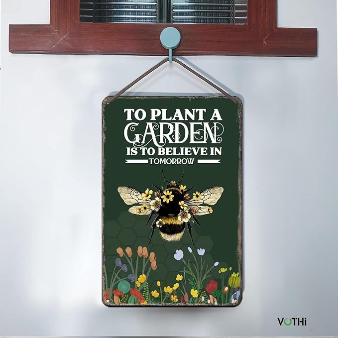 Cute Signs To Plant A Garden Is To Believe In The Bees;Bee Garden Decor for Outside;Patio Signs And Decor Outdoor; Farmhouse Home Kitchen Gardening Wall Decor 8x12 In