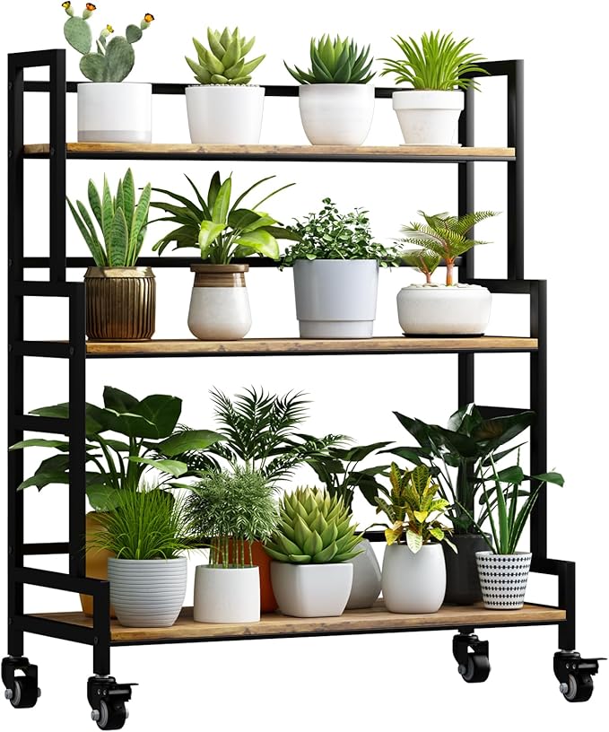 YIZAJIA Plant Stand Indoor 3 Tier Metal Board Outdoor Tiered Stands Shelf With wheel for Multiple Plants Potted Ladder Plant Holder Table Plant Pot Stand for Window Garden Balcony Living Room (3 Tier-Black+Metal)
