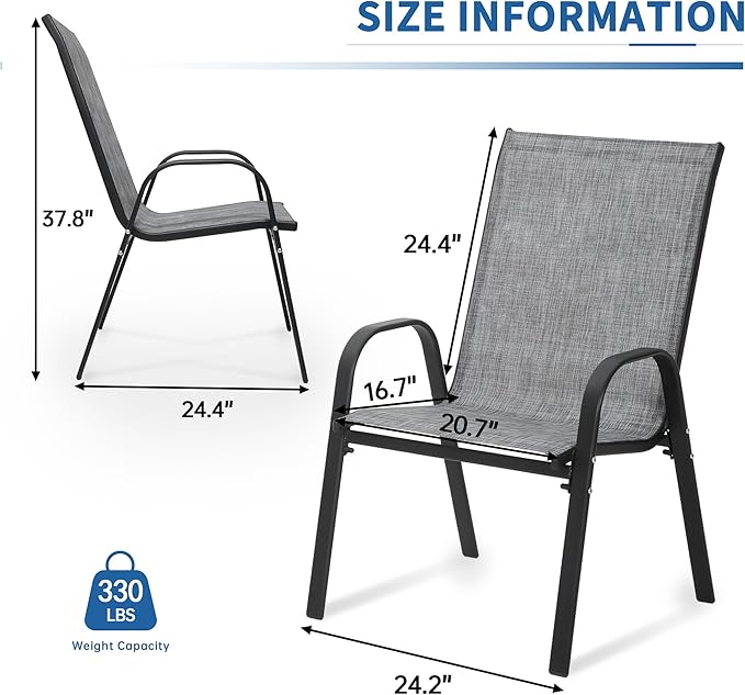PIZZELLO Patio Chairs Set of 8 - Outdoor Stackable Dining Chairs for All Weather - Breathable Textilene Outdoor Chair Sets with Curved Armrests - 300Lbs Capacity - for Lawn Backyard Garden (Grey)