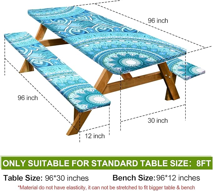 Picnic Table Cover with Bench Covers 6FT 3 Pcs Waterproof Windproof Aesthetic Camping Tablecloth with Drawstring Bag, Fitted for 6 Foot Rectangle Tables and Seats, 96in, Teal