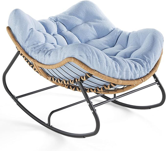 SWITTE Outdoor Rocking Chair, Oversized Patio Papasan Rocker, Comfy Wicker Reading Lounge, Indoor Egg Chair for Bedroom, Living Room, Porch, Garden, Lawn-Light Blue