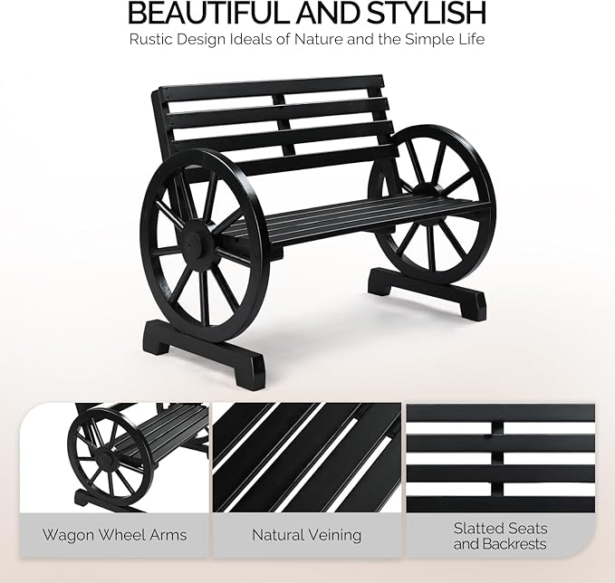 VINGLI 41" Rustic Wooden Wheel Bench Outdoor Bench, 2-Person Patio Bench Wagon Slatted Seat, Garden Benches for Outdoors 350lbs High Capacity, Weather Resistance (Black)