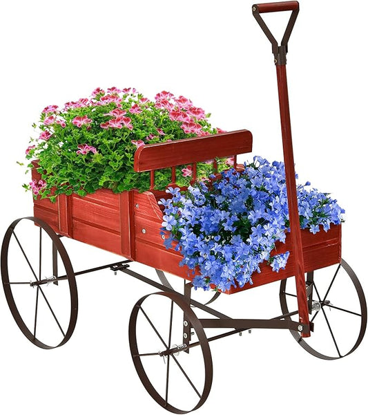 Goplus Wagon Planter, Decorative Wooden Garden Planter with Wheels, 2 Planting Sections and Adjustable Handle, Indoor Outdoor Backyard Balcony Decor (Red)