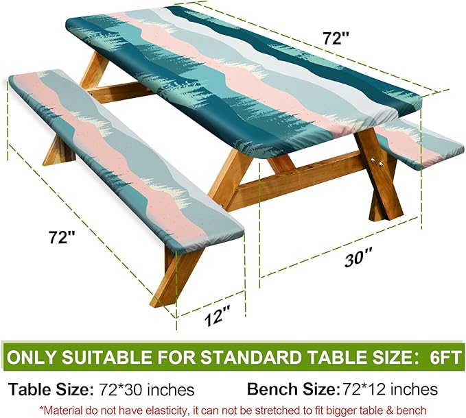 Picnic Table Cover with Bench Covers 6FT 3 Pcs Waterproof Windproof Aesthetic Camping Tablecloth with Drawstring Bag, Fitted for 6 Foot Rectangle Tables and Seats, 72 inch, Pink Green Mountains