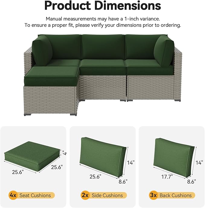 Aoxun Outdoor Replacement Cushions for Patio Furniture, 4'' Water-Repellent Sofa Cushion for 4-Seat Rattan Wicker Sectional, Deep Seats & Fade Resistant (9-Piece, Green)