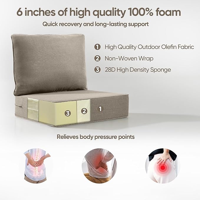 6" Thick Outdoor Cushion, 24 * 24 * 6" Patio Furniture Cushions with Waterproof Patio Furniture Cushions with Removable Cover, 28D High Density Patio Cushion for Outdoor Furniture,Gray-8pcs