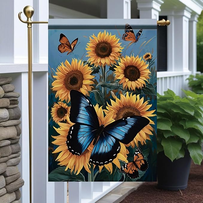 Sunflower Butterfly Garden Flag 12x18 Inch Double Sided Outdoor Yard Banner Blue and Orange Butterfly with Sunflowers for Spring Summer Patio Porch Lawn Home Decoration