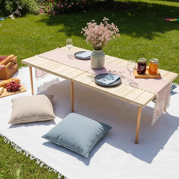 1 Set Low Picnic Table, Foldable Boho Picnic Table with Extra Large Outdoor Camping Blanket Portable Boho Wood BBQ Tables for Camping Wedding Beach BBQ Party (for 4 Person,Wood Color)