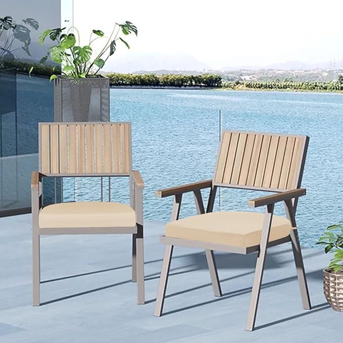 Cozyide Outdoor Chair Cushions, Waterproof Patio Seat Cushions with Adjustable Straps, Round Corner Patio Chair Cushions for Garden, Beige, 17x16x2 Inch (Pack of 2)