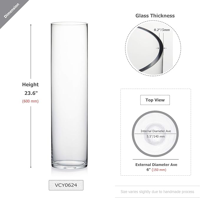 WGV Cylinder Vase, Width 6", Height 24", Clear Tall Glass Container Terrarium Candle Holder for Wedding Centerpiece, Party Event, Home Office Decor, 1 Piece