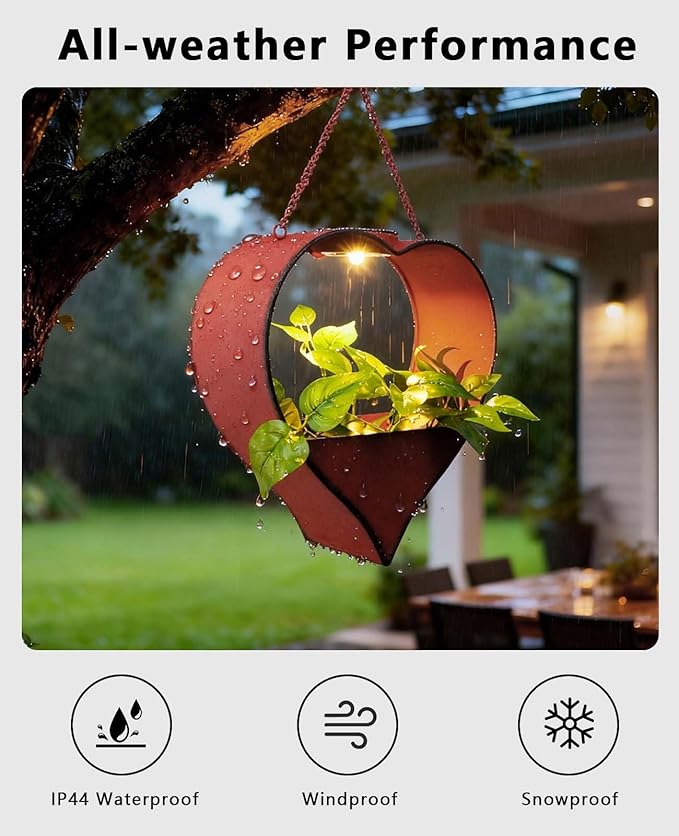 Hanging Planter Outdoor with Auto-On/Off Solar Lights, Metal Heart Shaped Flower Pot for Garden, Patio, Porch, Balcony Decor, Garden Gifts for Women, Mom, Wife, Gardeners (Rust)