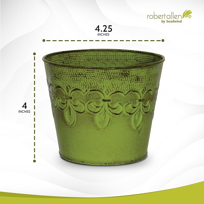 Headwind Ironlite Fleur De Lis Collection – 4" Tansy Green Decorative Planter with Drain Plug – Lightweight Metal Garden Pots for Indoor & Outdoor Planters Use by Robert Allen