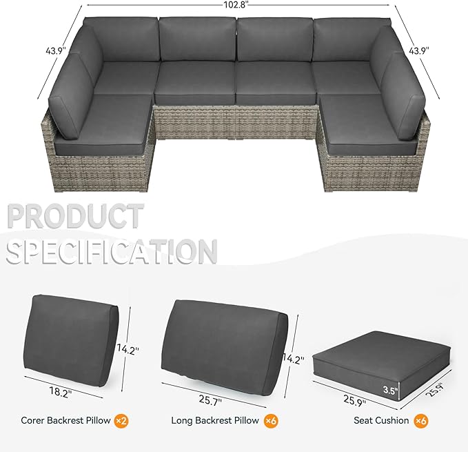 Patio Cushions for Outdoor Furniture,Water-Resistant Outdoor Cushions for 6 Seat Outdoor Sectinal,25.3"×25.3" Deep Seat Sofa Cushions, 14-Piece Outdoor Couch Cushions,Grey